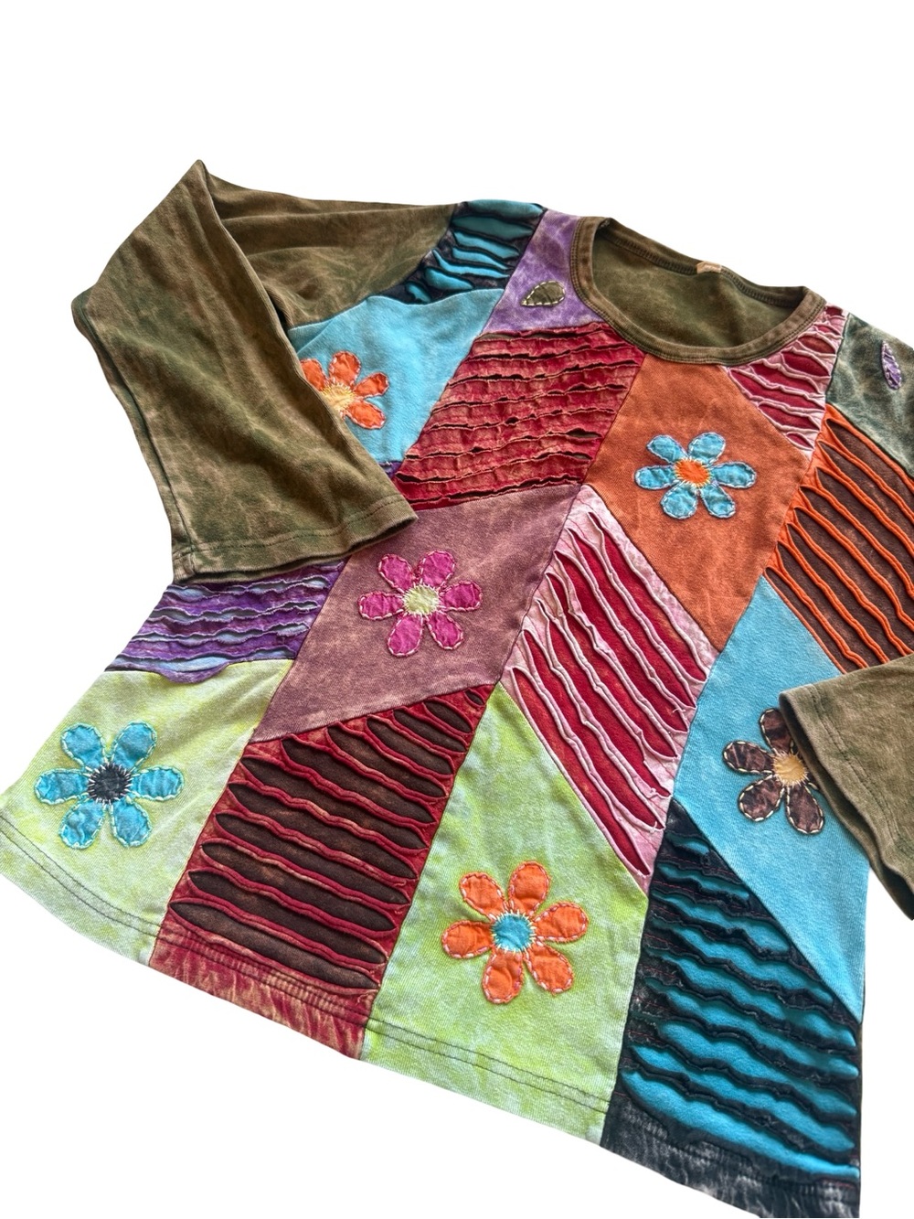 Boho Patchwork Floral Long Sleeve Top Size Large 100% Cotton Hippie Festival - Picture 3 of 6